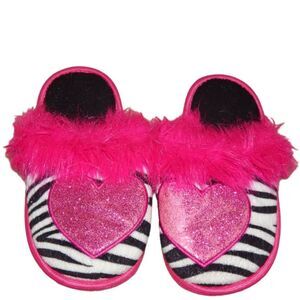toddler girls small 11-12 pink glitter heart and zebra slip-on house slippers